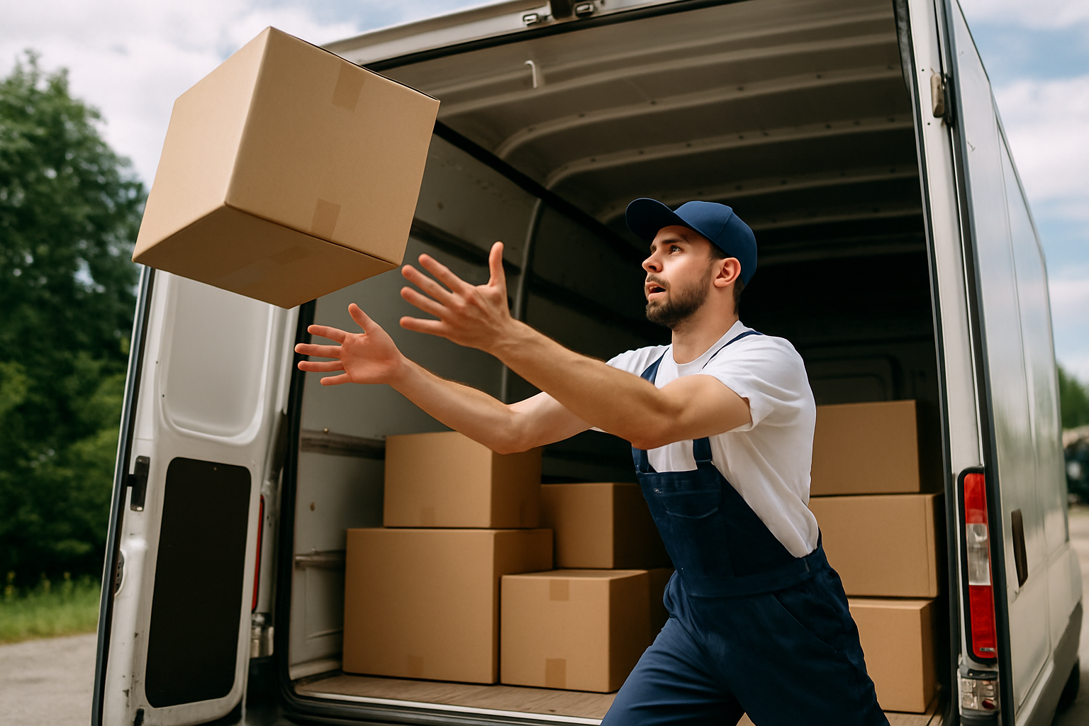 Packing movers  man throwing box in truck